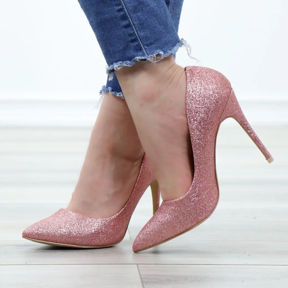 Pink Glitter Heels Pointed Toe Slip On Sparkly High Heel